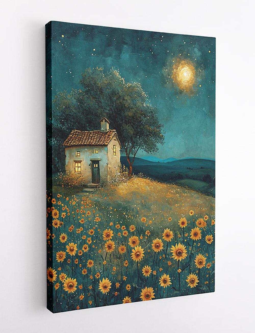 Starry Night Cottage with Sunflowers Canvas Print & Poster – T592 – AiPrintLab