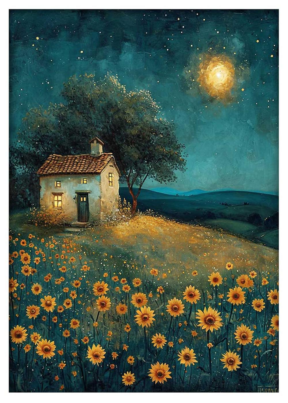 Starry Night Cottage with Sunflowers Canvas Print & Poster – T592 – AiPrintLab