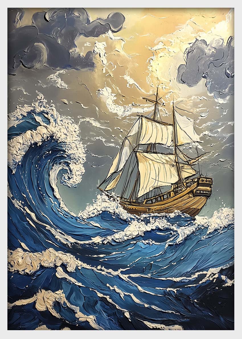 Stormy Seas & Sailing Ship Canvas Print & Poster – Nautical Wall Art – T1407 –