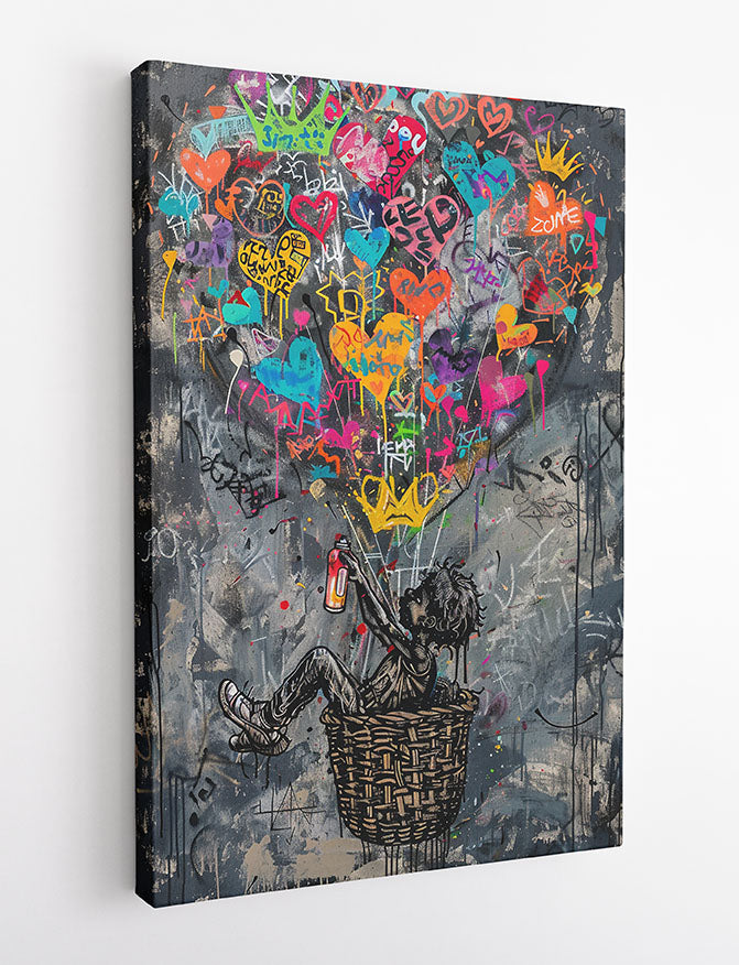 Street Art Kid with Heart Balloons – Graffiti Wall Art Canvas & Poster Print – T1111 – AiPrintLab