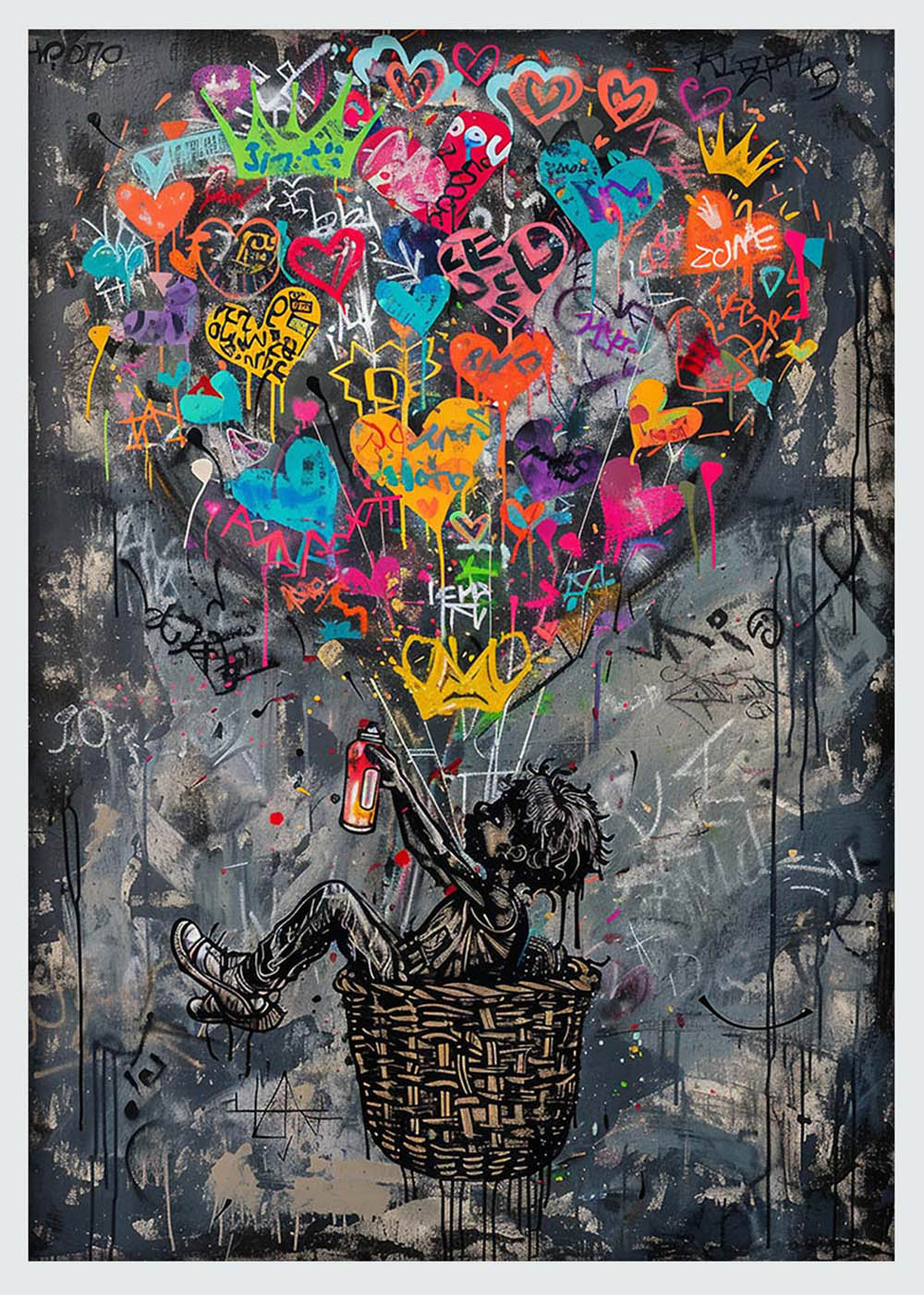 Street Art Kid with Heart Balloons – Graffiti Wall Art Canvas & Poster Print – T1111 – AiPrintLab