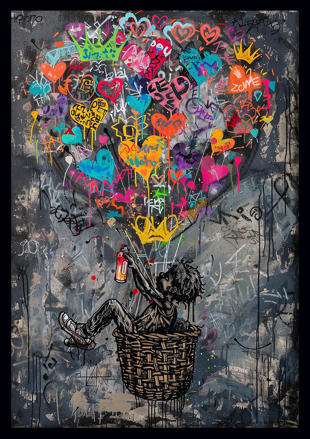 Street Art Kid with Heart Balloons – Graffiti Wall Art Canvas & Poster Print – T1111 – AiPrintLab