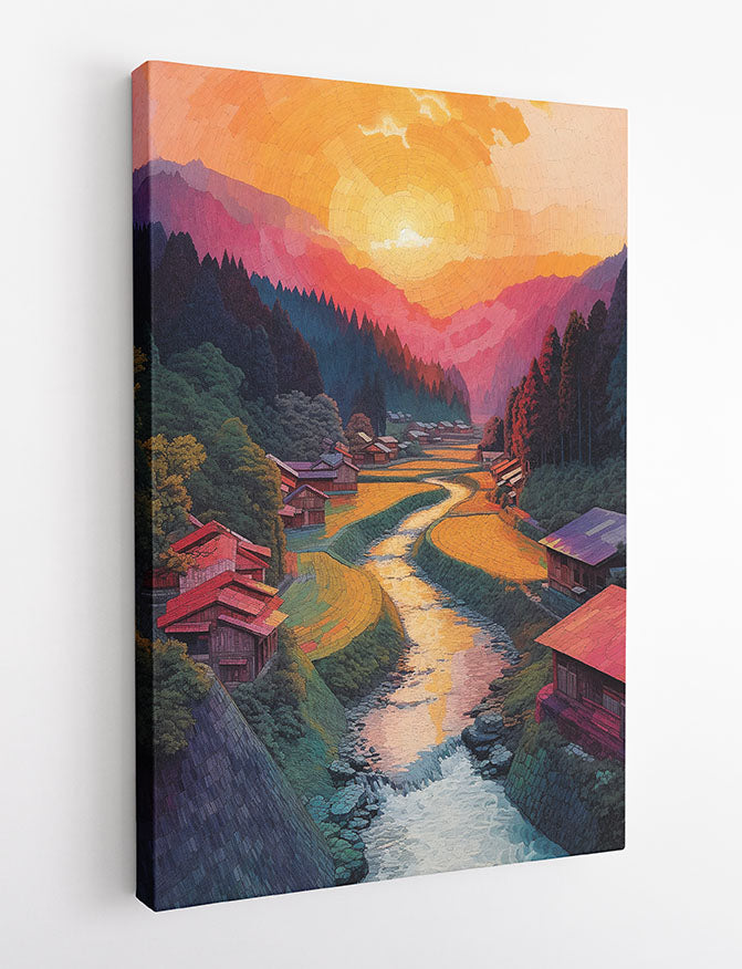 Sunset Over Mountain Village – Serene Landscape Canvas & Poster Wall Art – T1204 – AiPrintLab