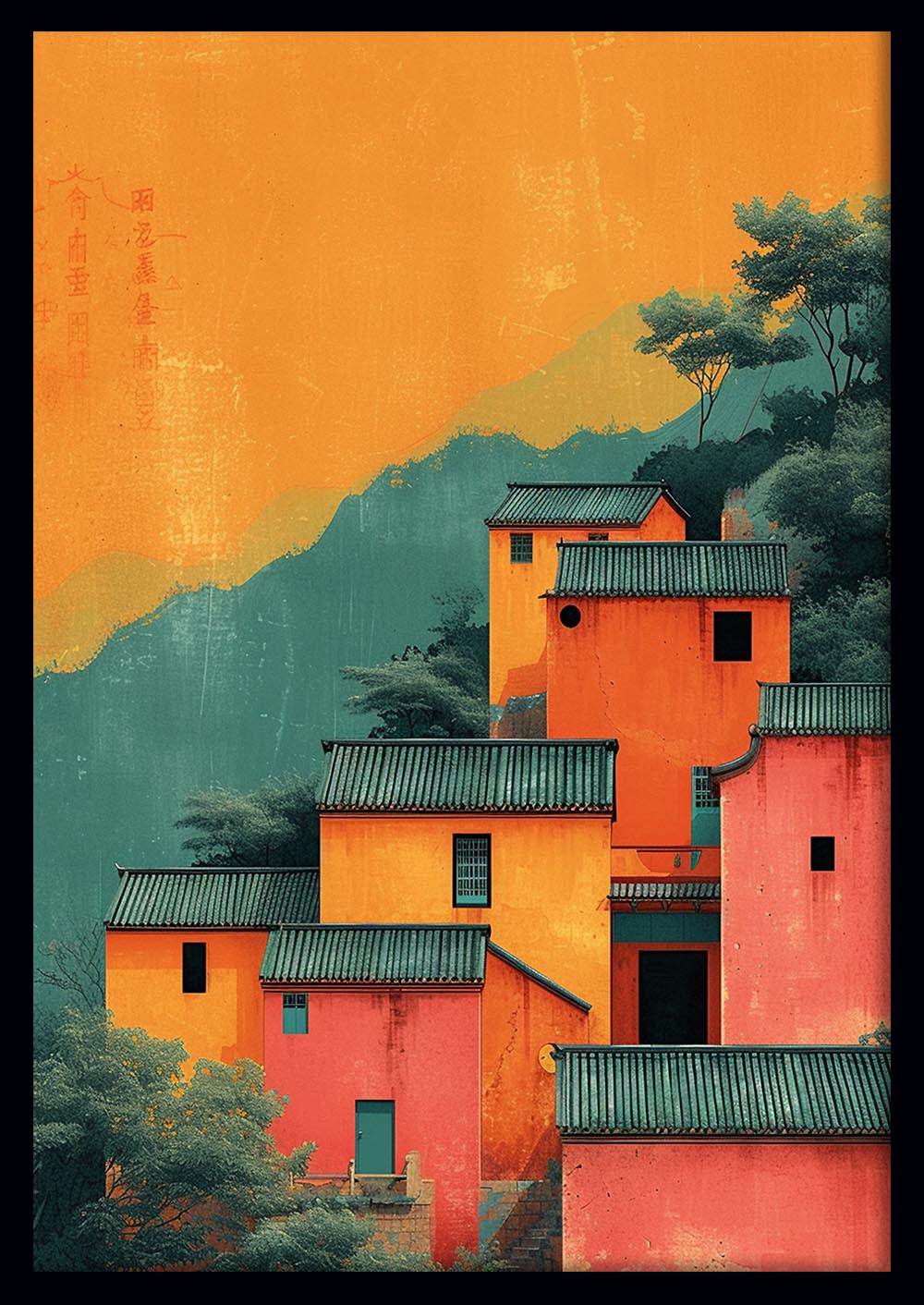 Sunset Temple Village – Bold Asian Architecture Canvas & Poster Print – T989 – AiPrintLab
