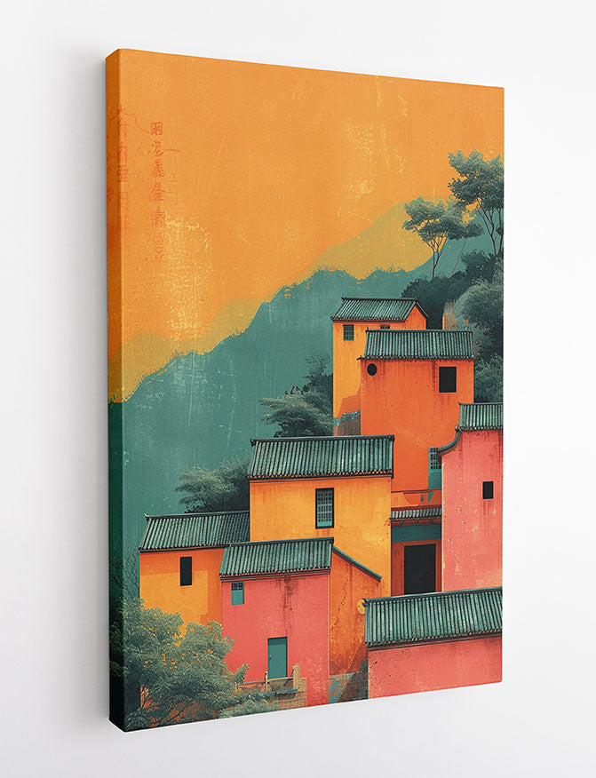 Sunset Temple Village – Bold Asian Architecture Canvas & Poster Print – T989 – AiPrintLab