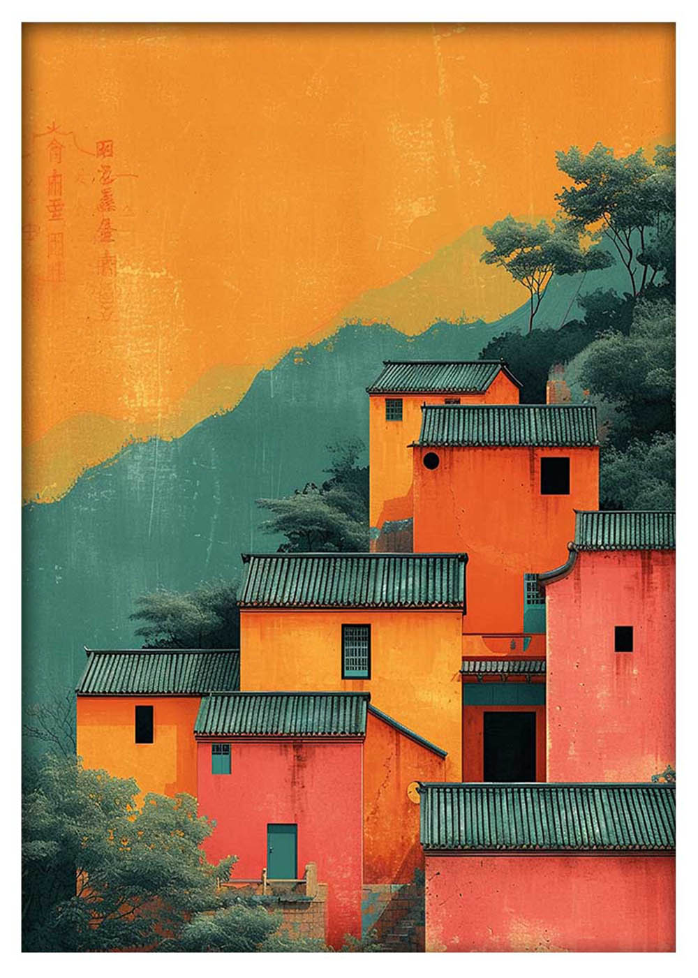 Sunset Temple Village – Bold Asian Architecture Canvas & Poster Print – T989 – AiPrintLab