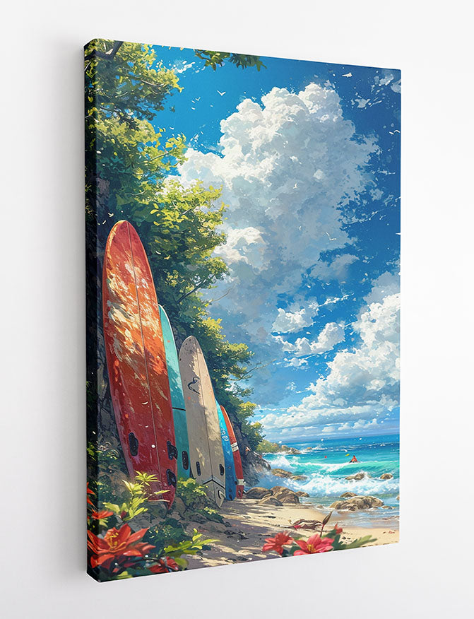 Surfboards on Tropical Shore – Summer Beach Canvas & Poster Print – T1414 –