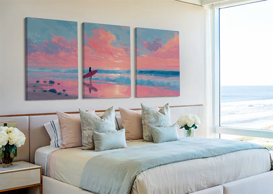 Surfer Sunset Beach Canvas Wall Art – Single & 3 Panel Canvas – AI PRINT LAB