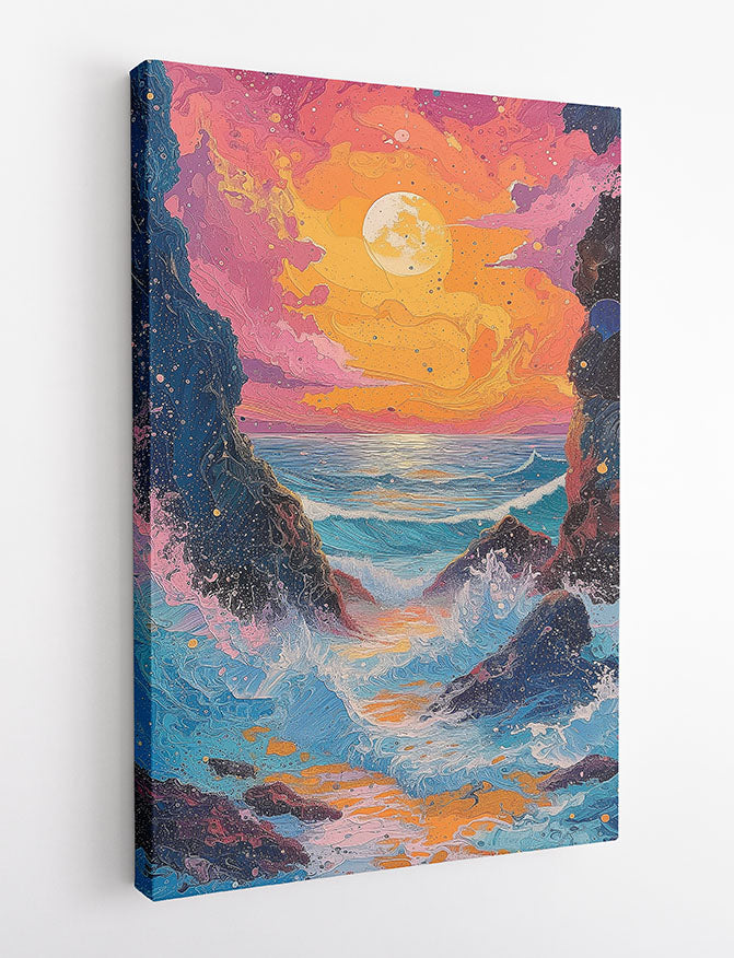 Surreal Ocean Sunset with Moon – Abstract Seascape Canvas & Poster Art – T1183 – AiPrintLab