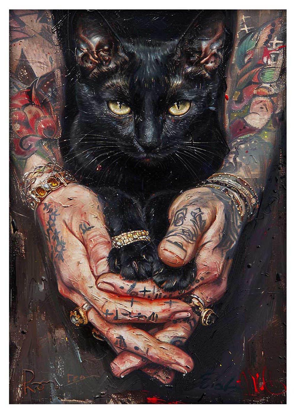 Tattooed Hands Holding Black Cat – Bold Urban Art Canvas & Poster – T927 – AiPrintLab