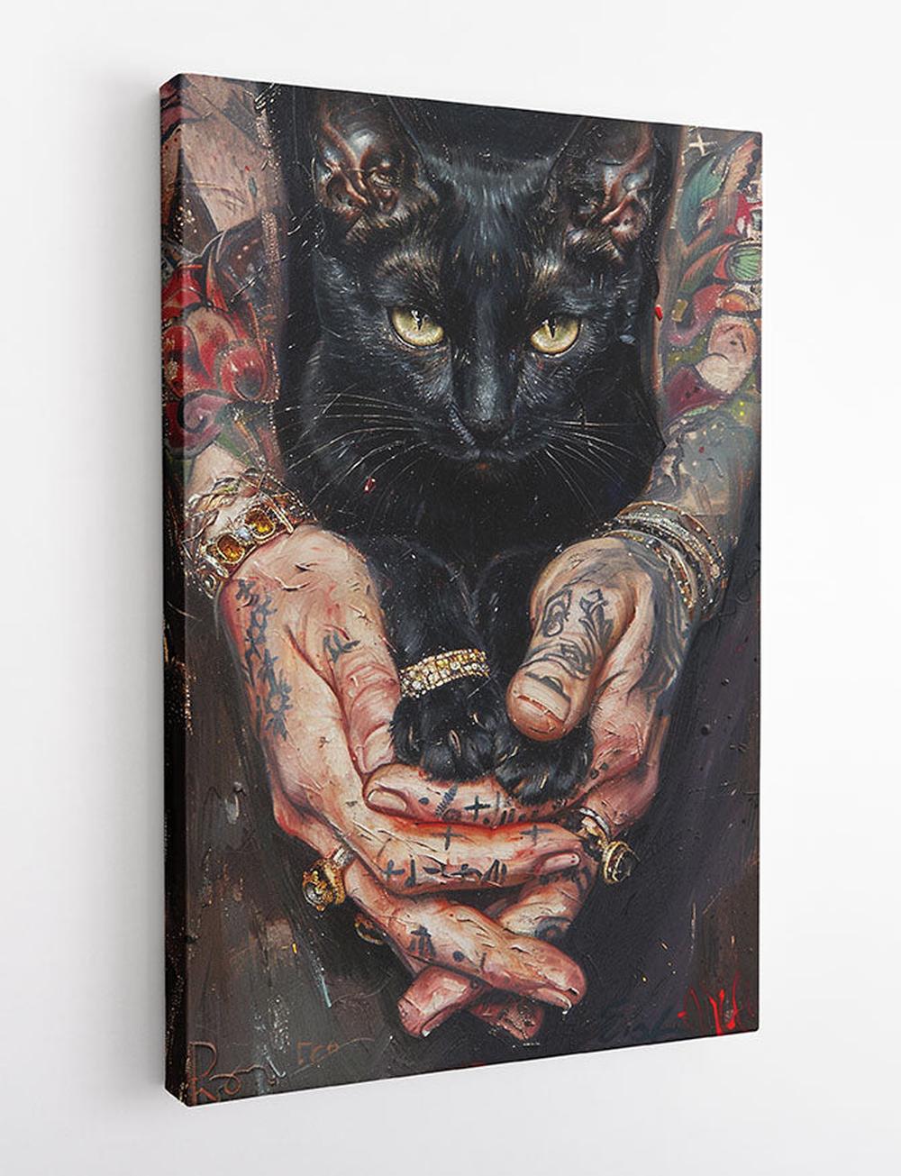 Tattooed Hands Holding Black Cat – Bold Urban Art Canvas & Poster – T927 – AiPrintLab