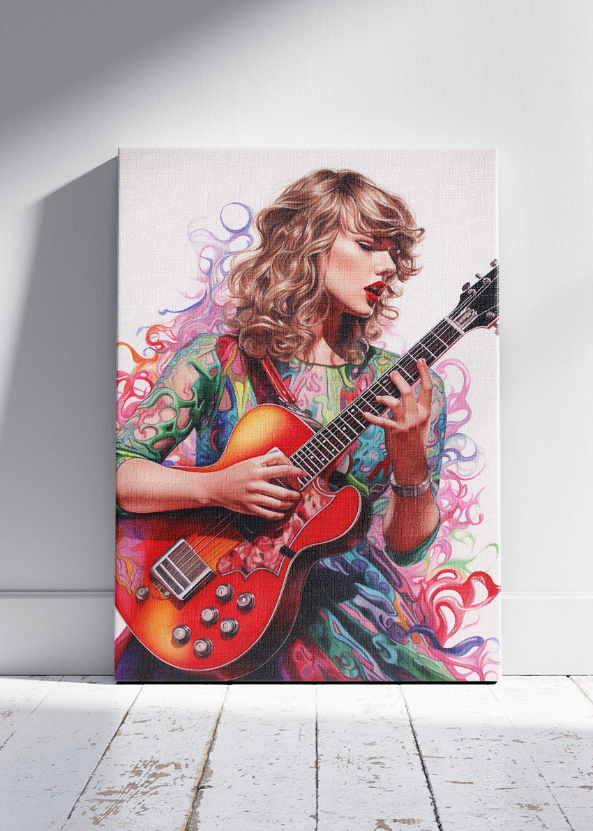 Taylor Swift Guitar Portrait Wall Art Poster & Canvas Print – Modern Pop Music Illustration