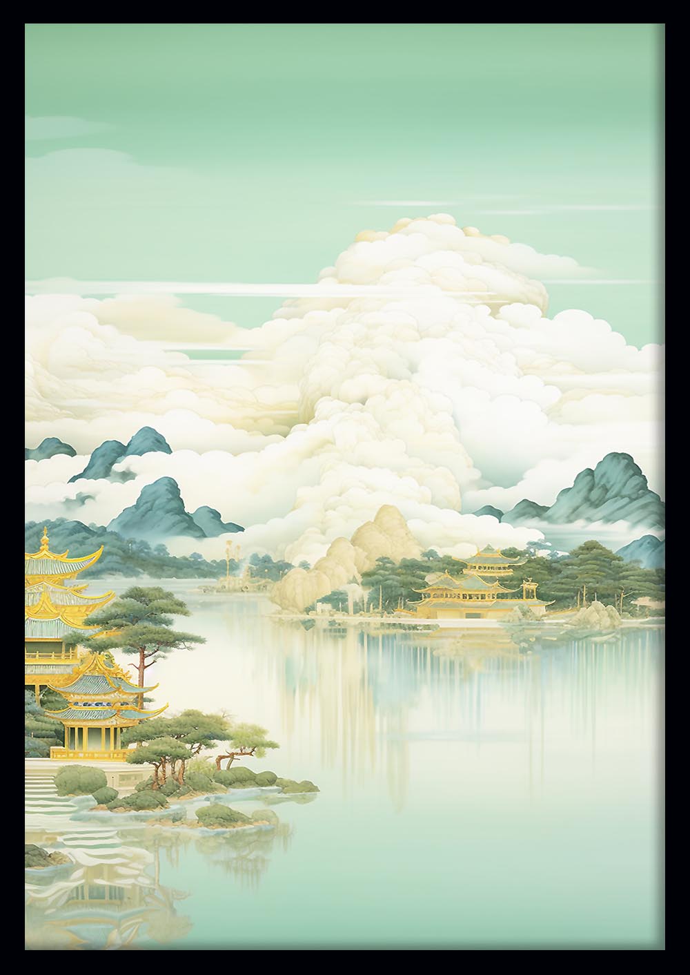 Tranquil Asian Landscape with Golden Temples Wall Art Print – T521 – AiPrintLab