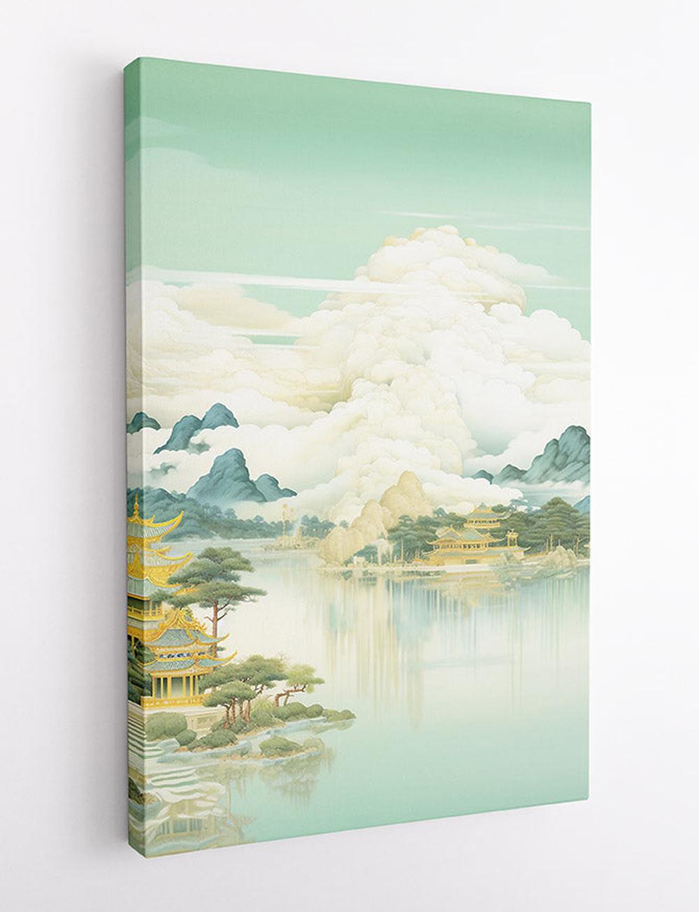 Tranquil Asian Landscape with Golden Temples Wall Art Print – T521 – AiPrintLab