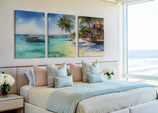 Tropical Paradise Beach Boats Canvas Wall Art – Single & 3 Panel Split – AI PRINT LAB