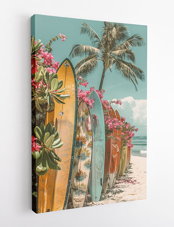 Tropical Surfboards on the Beach – Retro Coastal Vibes Canvas & Poster Wall Art – T1143 – AiPrintLab