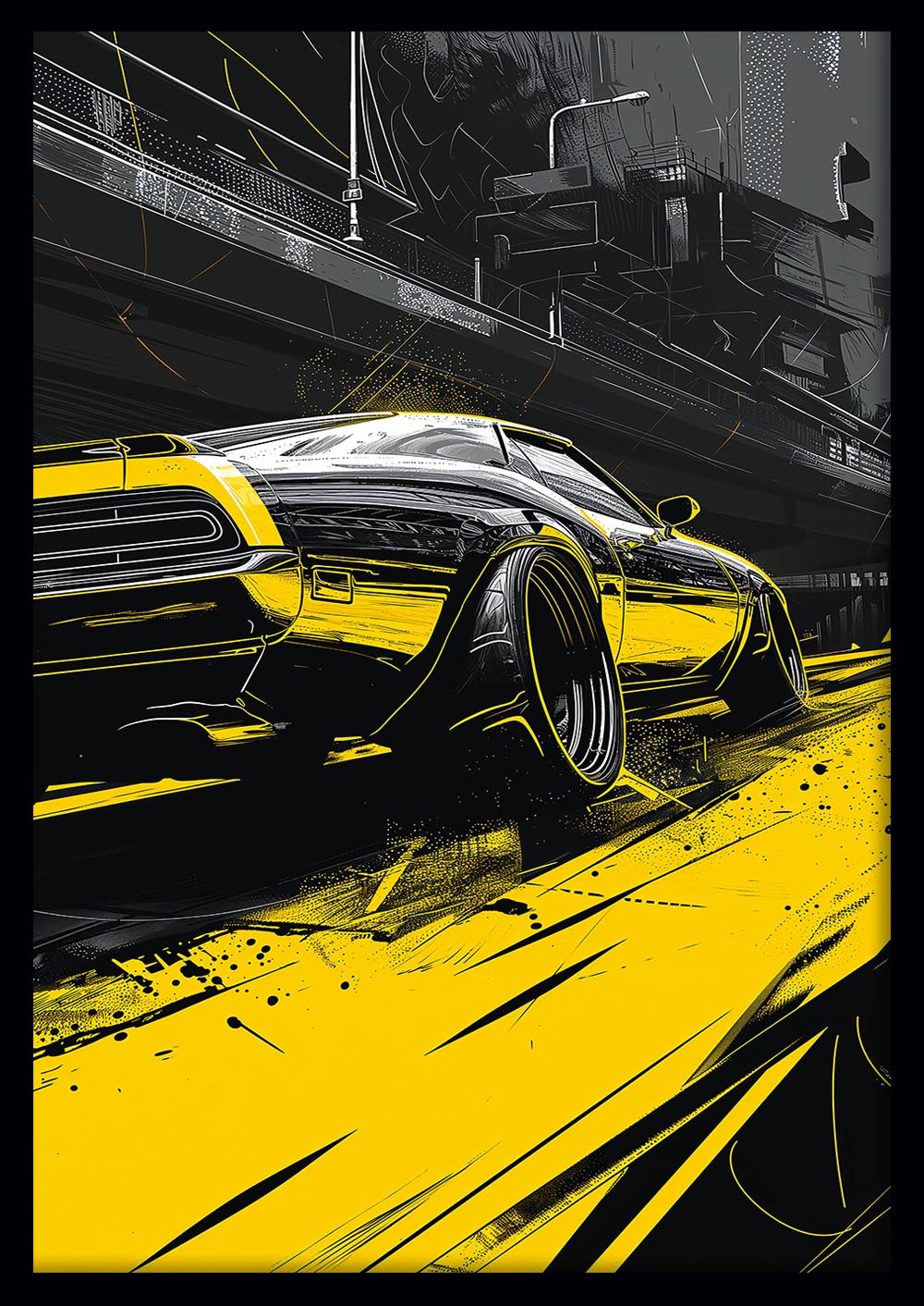 Urban Muscle Car – Yellow Street Racer Canvas & Poster Wall Art – T1231 – AiPrintLab
