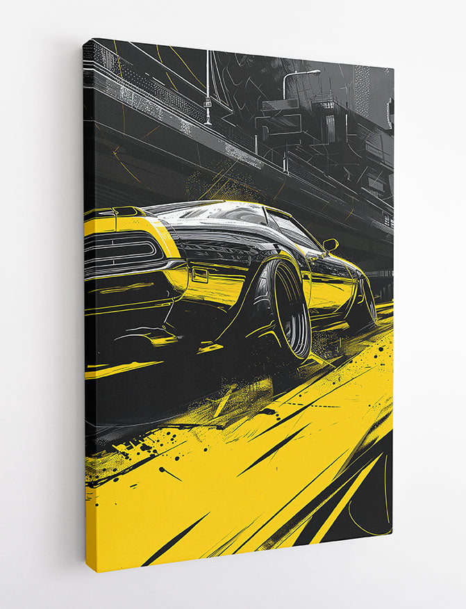 Urban Muscle Car – Yellow Street Racer Canvas & Poster Wall Art – T1231 – AiPrintLab