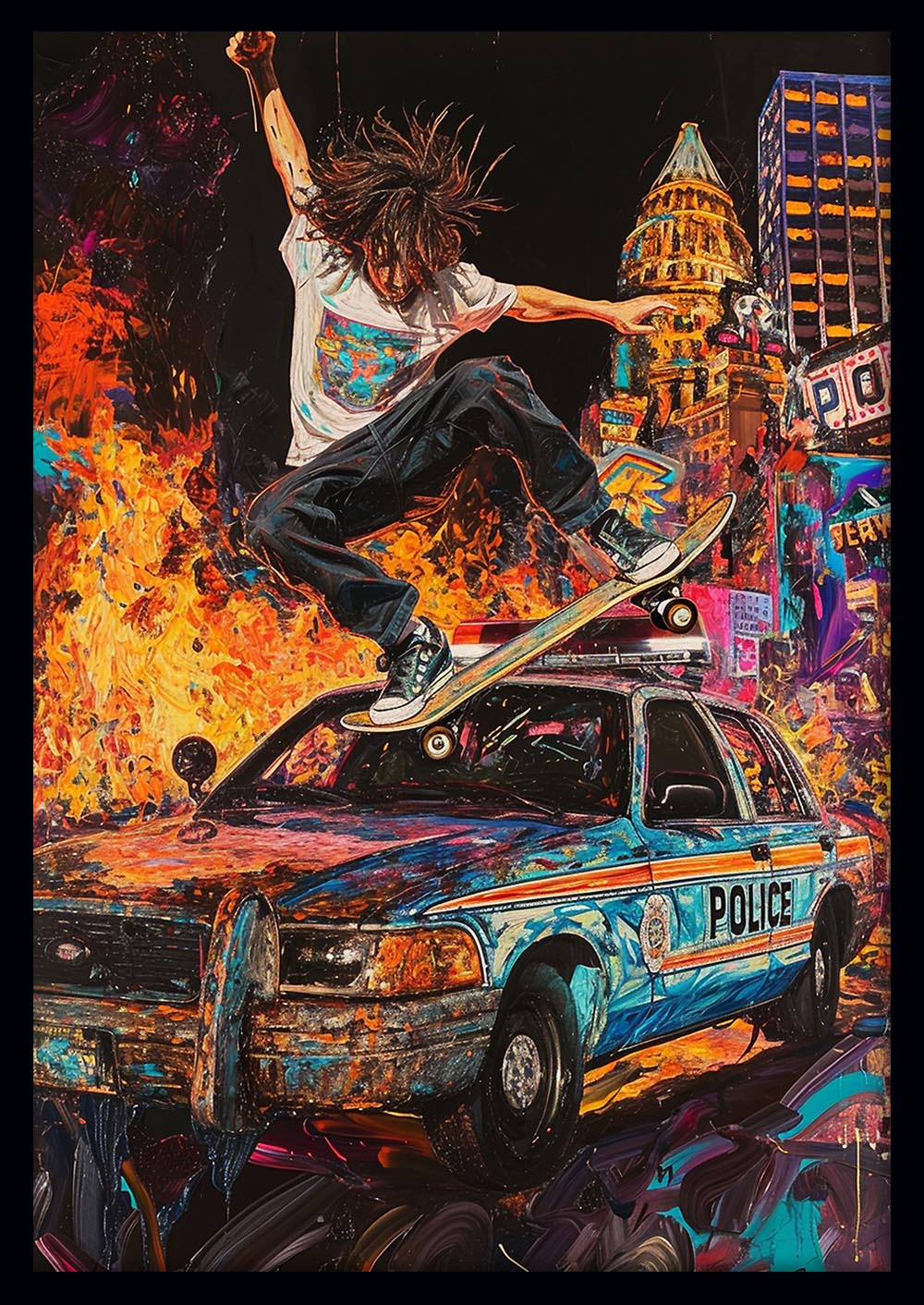 Urban Rebellion Skate Art – Skater Over Police Car Canvas & Poster Print – T1187 – AiPrintLab