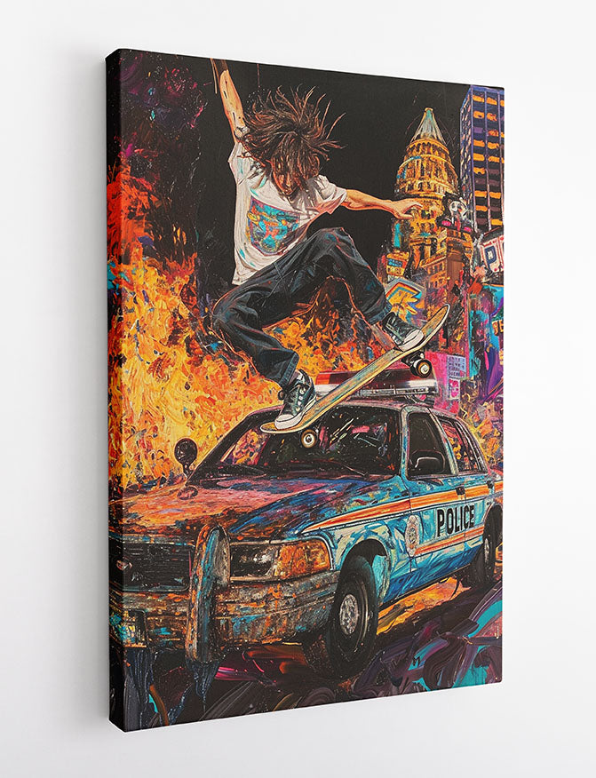 Urban Rebellion Skate Art – Skater Over Police Car Canvas & Poster Print – T1187 – AiPrintLab