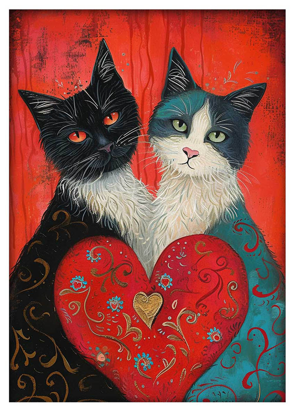 Valentine Cats Holding Heart – Romantic Cat Couple Canvas Art – T934 – AiPrintLab