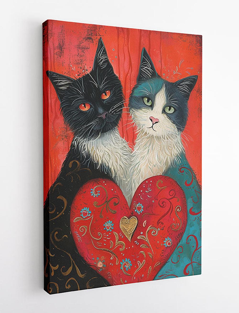 Valentine Cats Holding Heart – Romantic Cat Couple Canvas Art – T934 – AiPrintLab