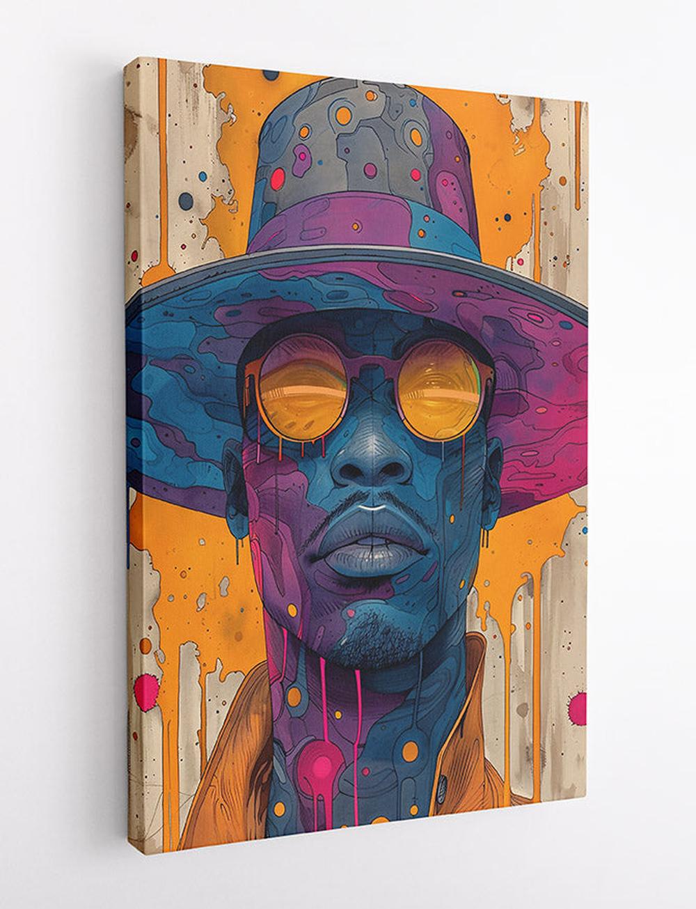 Vibrant Abstract Portrait with Hat & Sunglasses Canvas Art – T712 – AiPrintLab