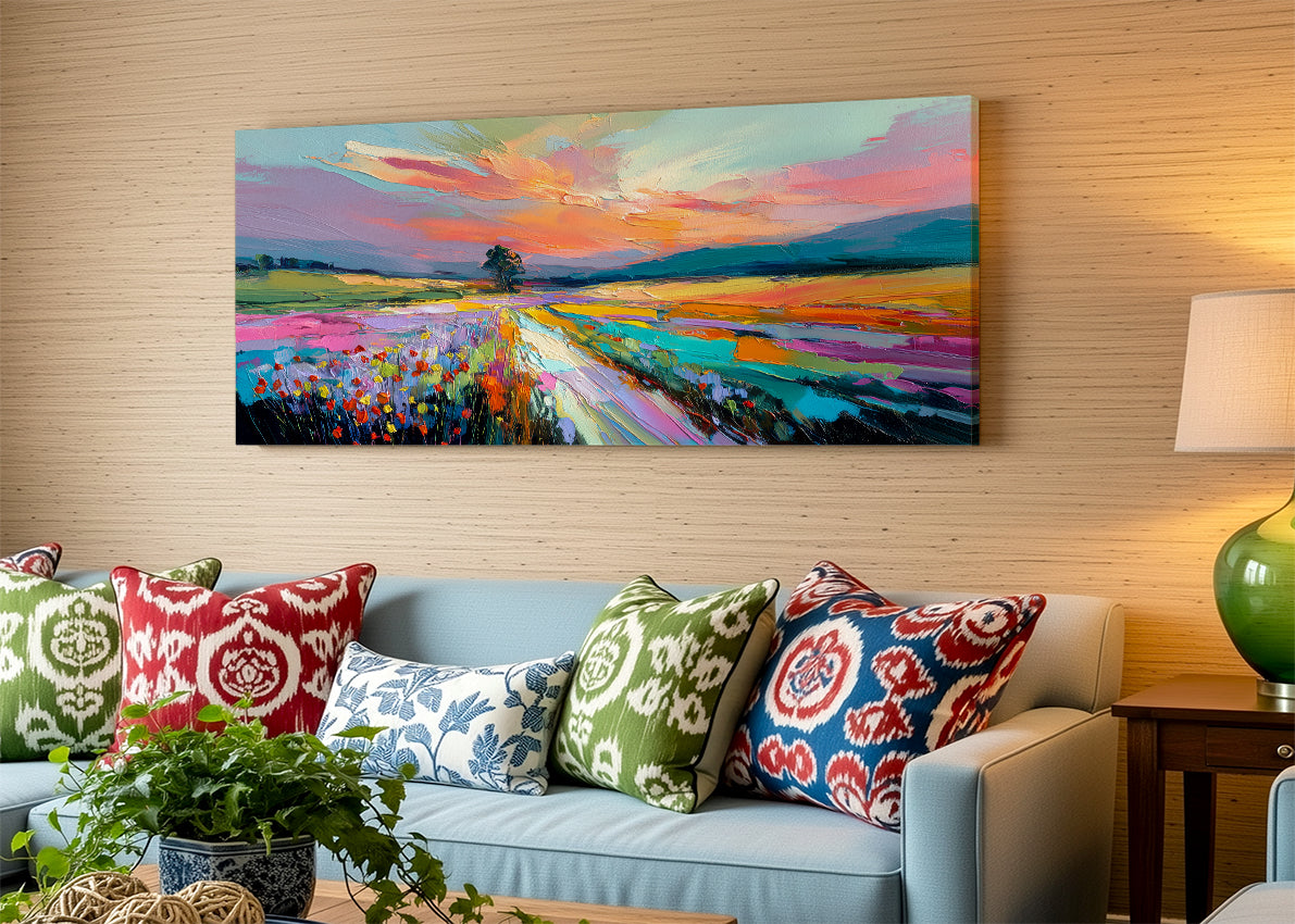 Vibrant Abstract Sunset Landscape Canvas Wall Art – Single & 3 Panel Split – AI PRINT LAB