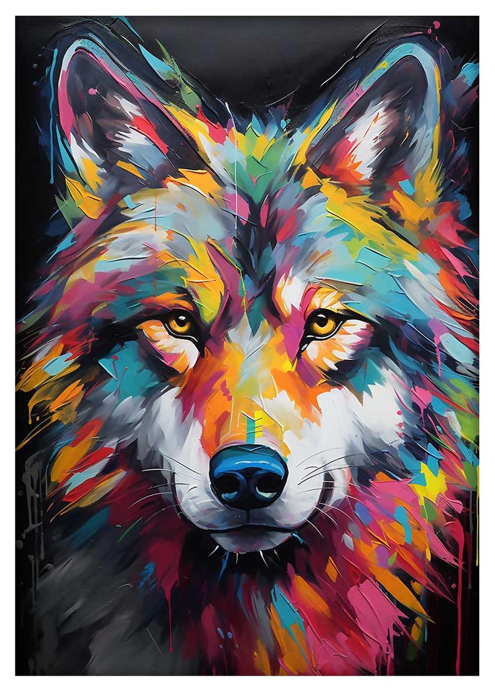 Vibrant Abstract Wolf Portrait – Fierce Colorful Animal Canvas Art – T854 – AiPrintLab