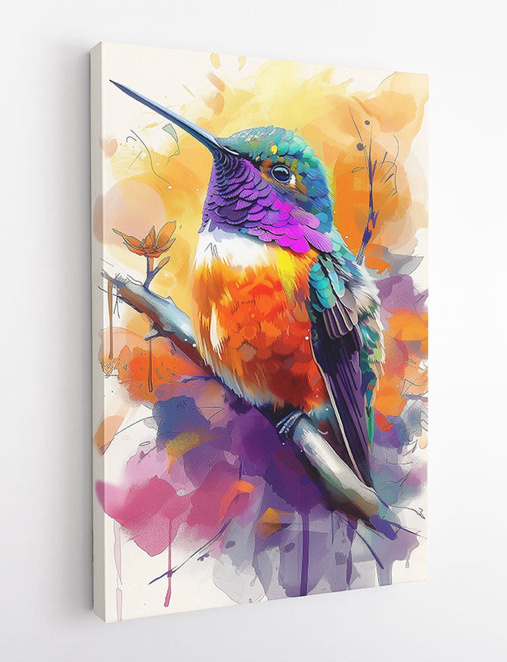 Vibrant Hummingbird Perched on Branch – Watercolor Style Canvas & Poster – T838 – AiPrintLab
