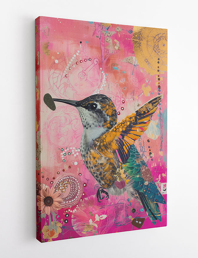 Vibrant Hummingbird on Pink – Colorful Mixed Media Bird Canvas & Poster Art – T983 – AiPrintLab