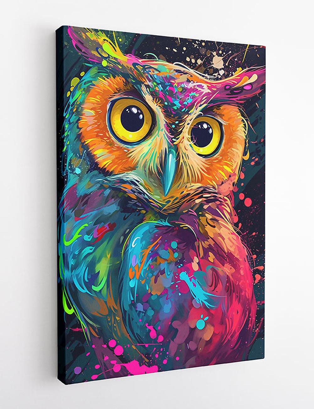 Vibrant Neon Owl Splash Art – Colorful Canvas & Poster Wall Decor – T903 – AiPrintLab