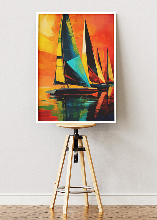 Vibrant Sailboats at Sunset – Bold Abstract Nautical Wall Art Poster & Canvas – AI PRINT LAB
