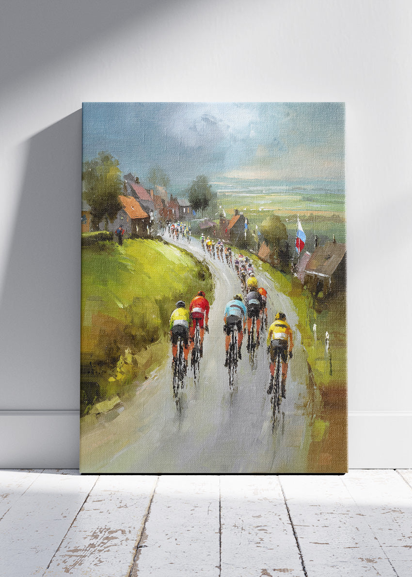 Village Road Cycling Poster & Canvas Art Print – Peloton Through Countryside Homes