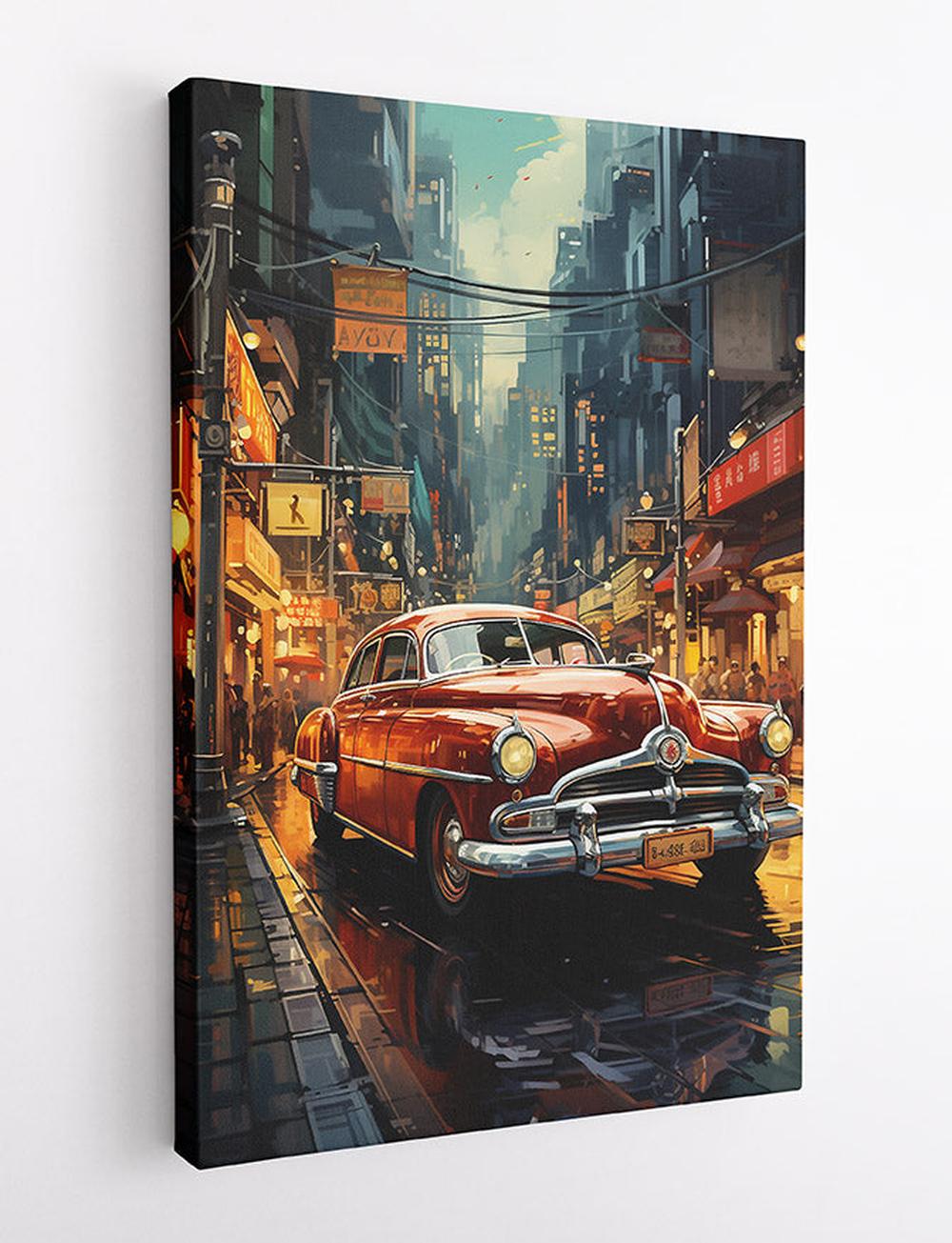Vintage Car in Neon City Canvas Print & Poster – T572 – AiPrintLab