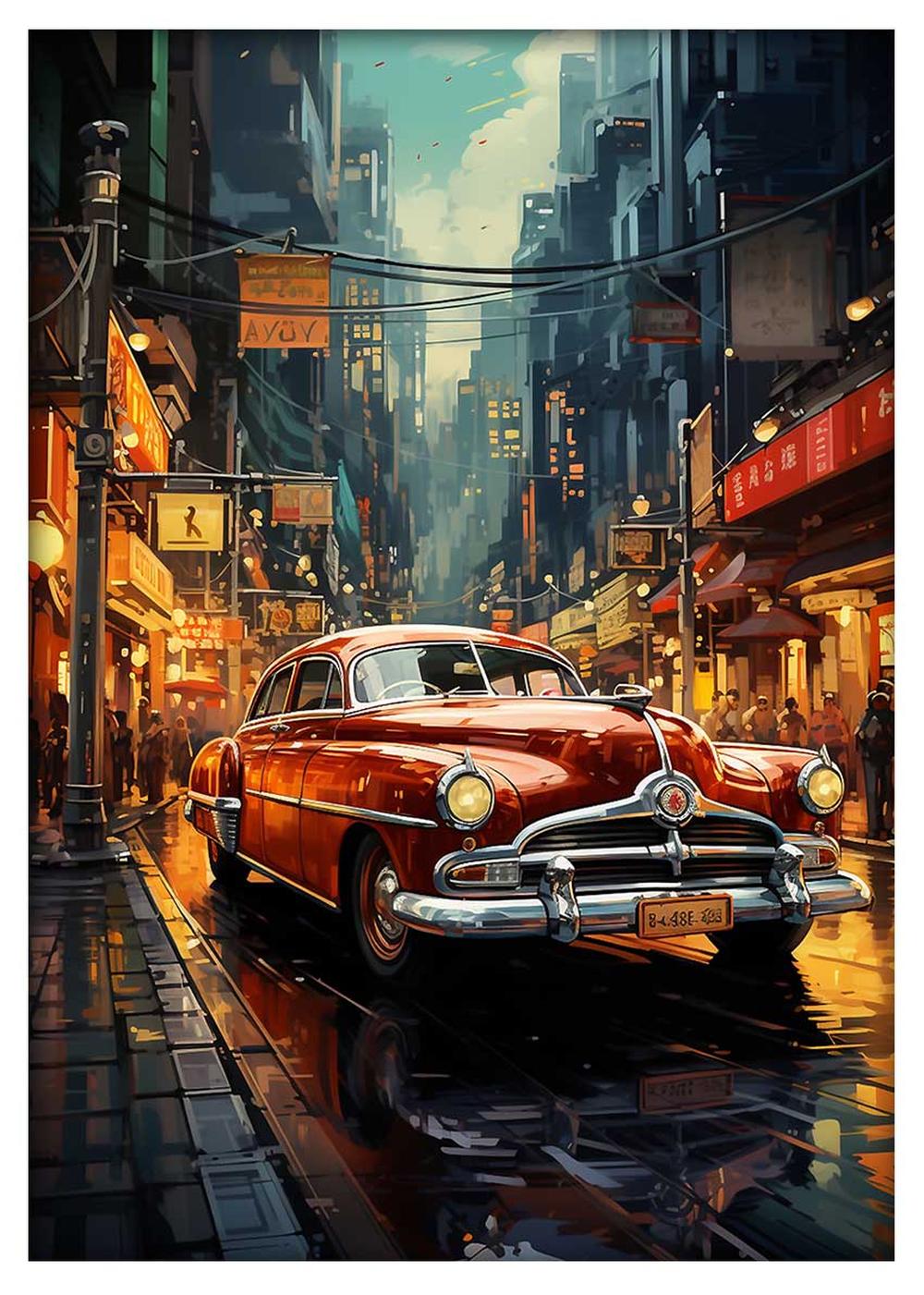 Vintage Car in Neon City Canvas Print & Poster – T572 – AiPrintLab