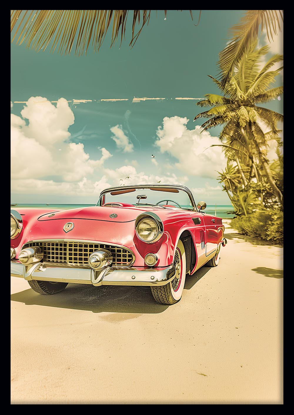 Vintage Red Convertible by the Beach – Retro Car Canvas & Poster Wall Art – T1256 – AiPrintLab