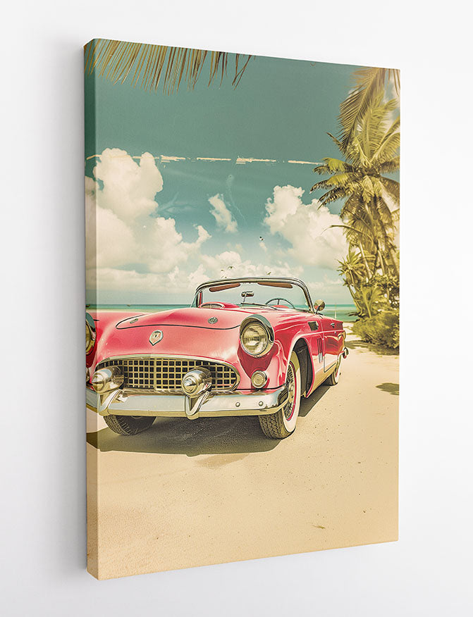 Vintage Red Convertible by the Beach – Retro Car Canvas & Poster Wall Art – T1256 – AiPrintLab