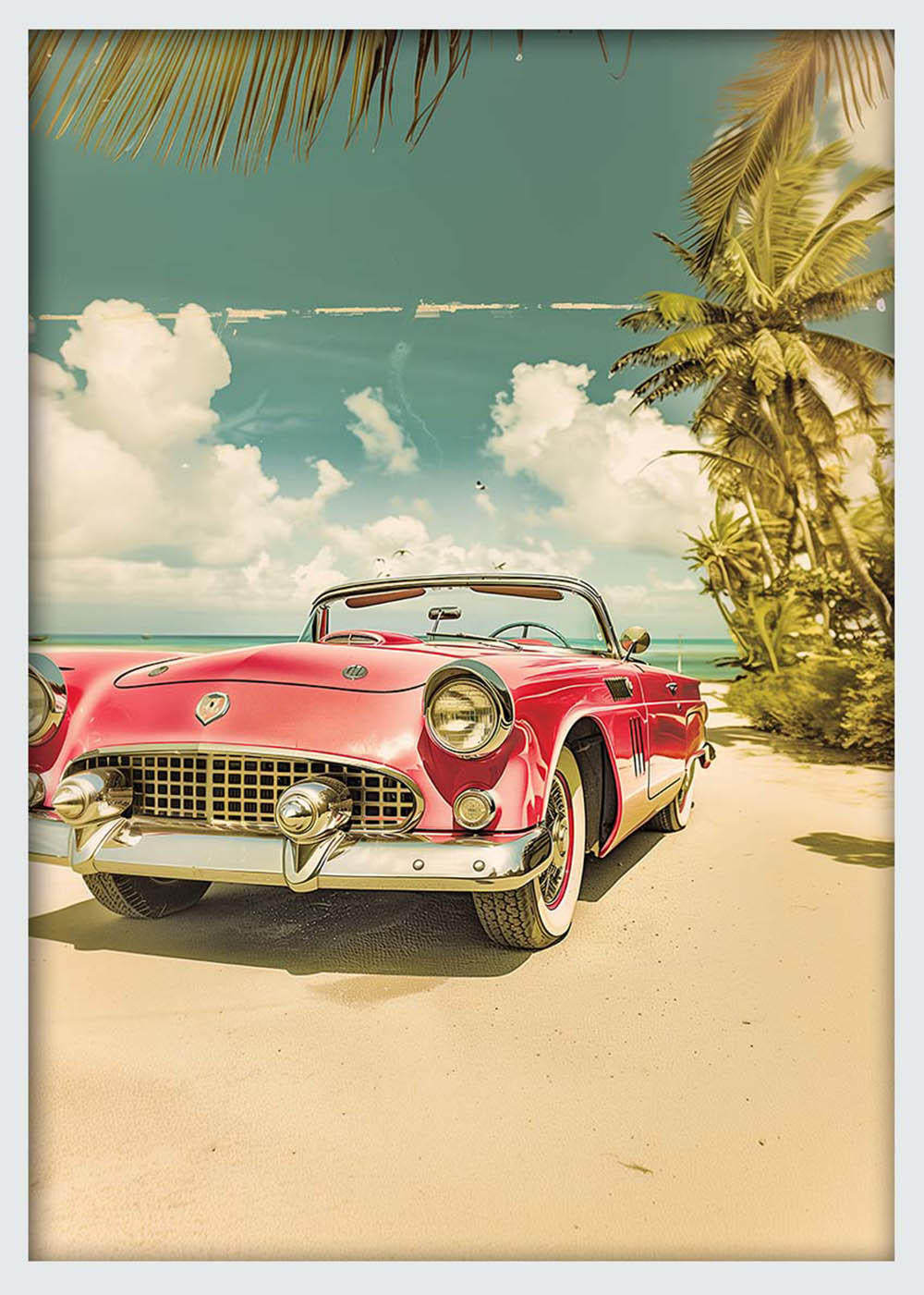 Vintage Red Convertible by the Beach – Retro Car Canvas & Poster Wall Art – T1256 – AiPrintLab