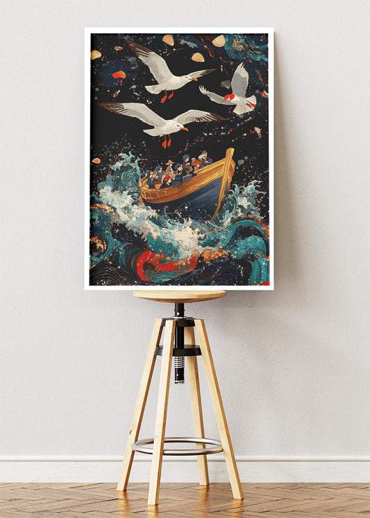 Vintage Sailboat in Stormy Seas – Dramatic Ocean Illustration Wall Art Poster & Canvas