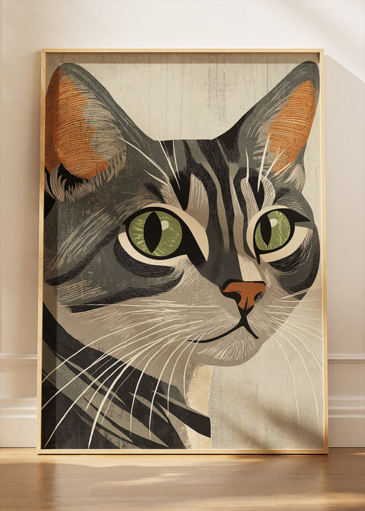 Vintage Tabby Cat Wall Art Print & Canvas – Retro Minimal Cat Illustration