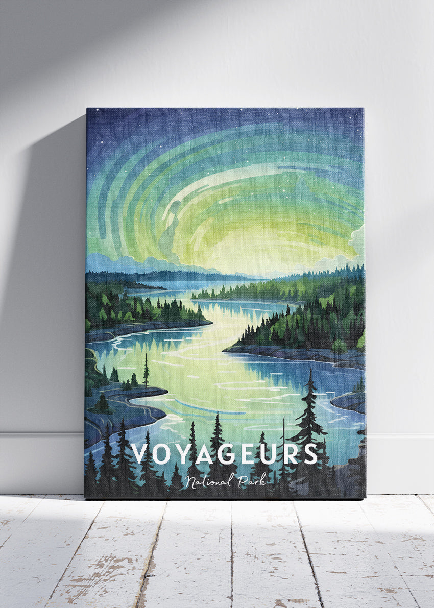 Voyageurs National Park Poster & Canvas Print – Illustrated Northern Lights Lakeview Wall Art