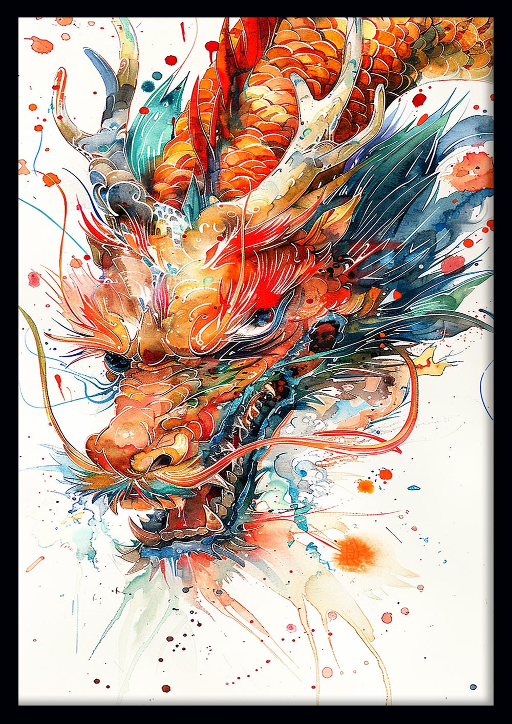 Watercolor Dragon Fury – Fiery Asian Mythology Canvas Art & Poster Print – T1054 – AiPrintLab