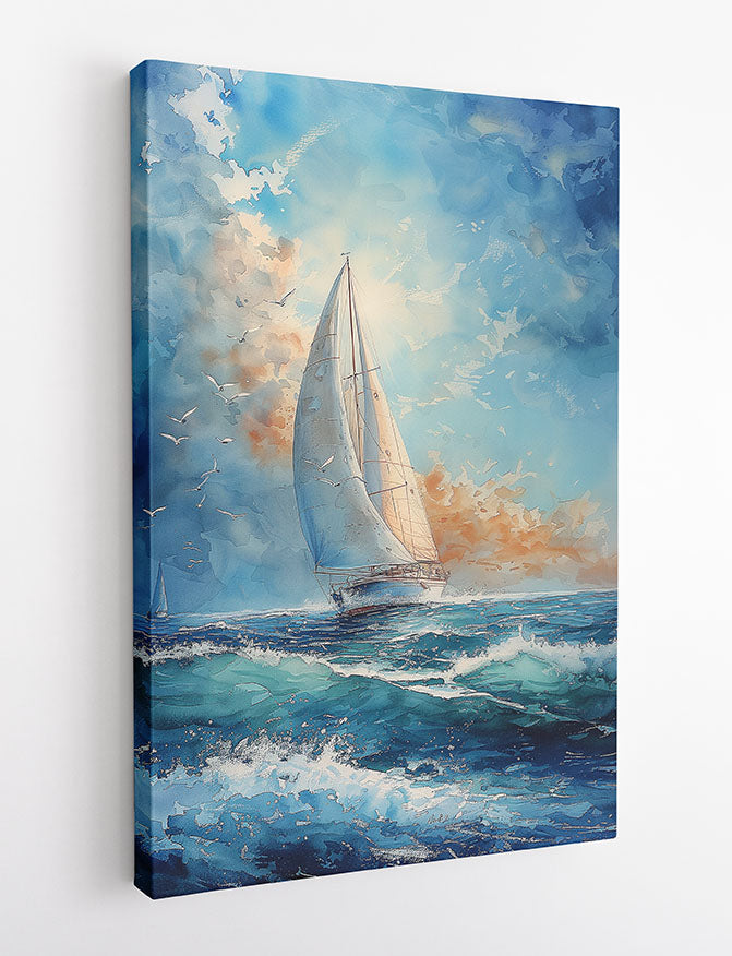 Watercolor Sailboat at Sea – Serene Ocean Horizon Canvas & Poster Wall Art – T1059 – AiPrintLab