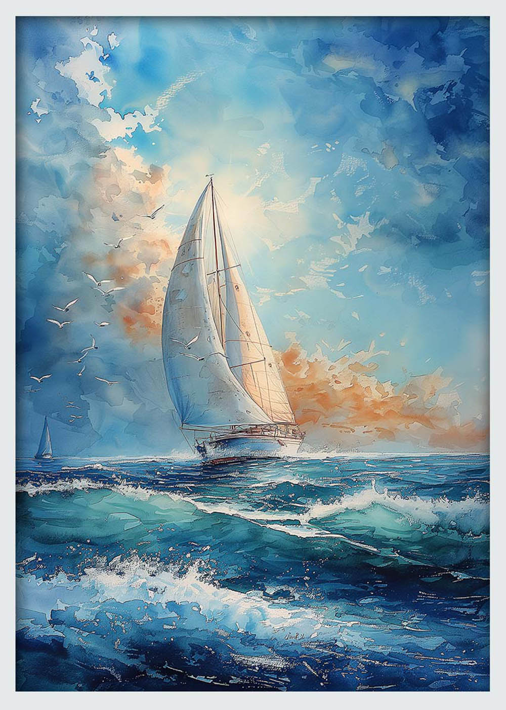 Watercolor Sailboat at Sea – Serene Ocean Horizon Canvas & Poster Wall Art – T1059 – AiPrintLab