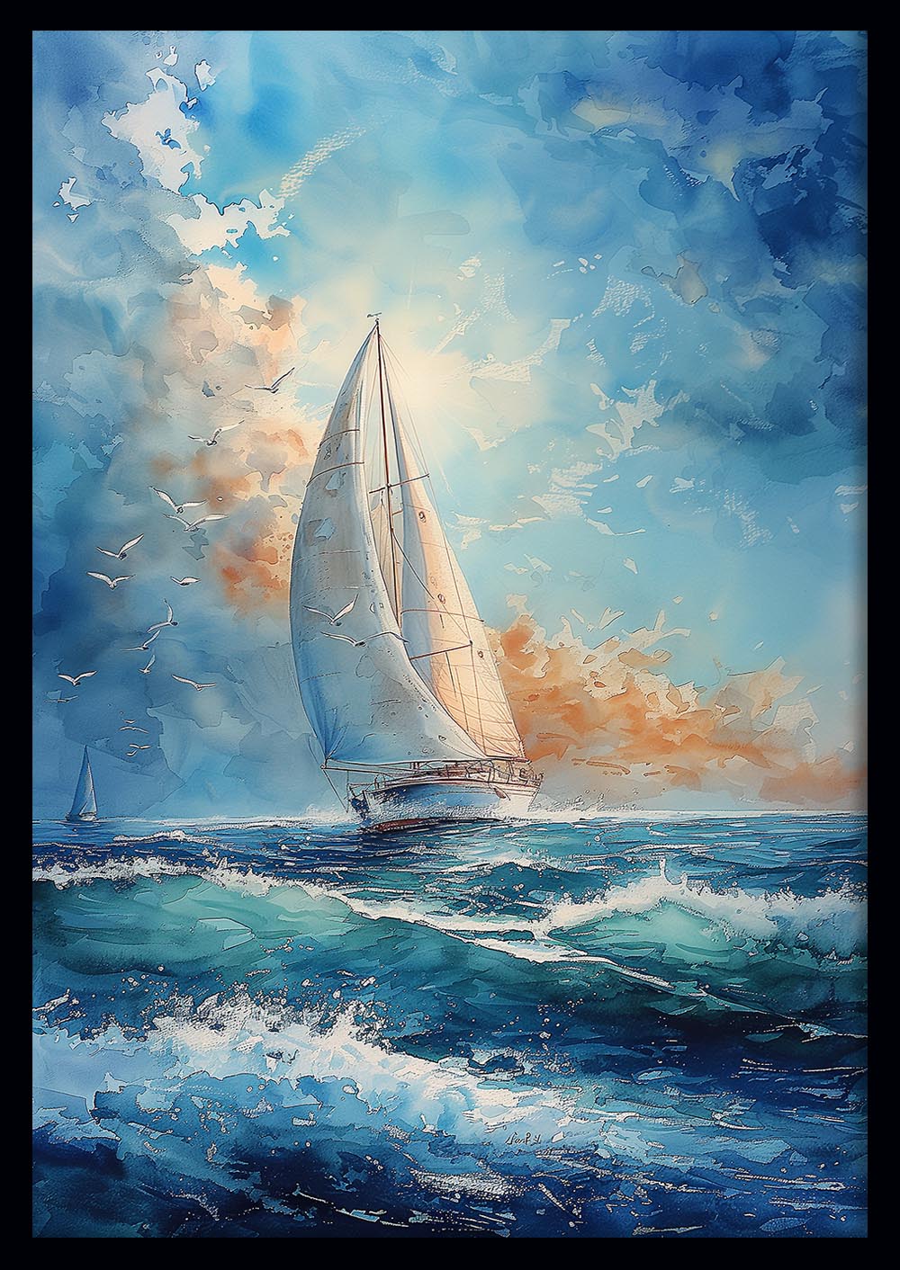 Watercolor Sailboat at Sea – Serene Ocean Horizon Canvas & Poster Wall Art – T1059 – AiPrintLab