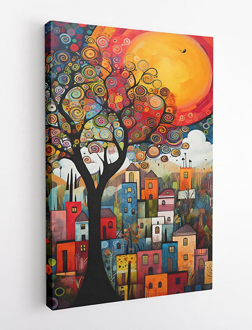 Whimsical Abstract Tree & Colorful Village Art Print & Canvas – T749 – AiPrintLab
