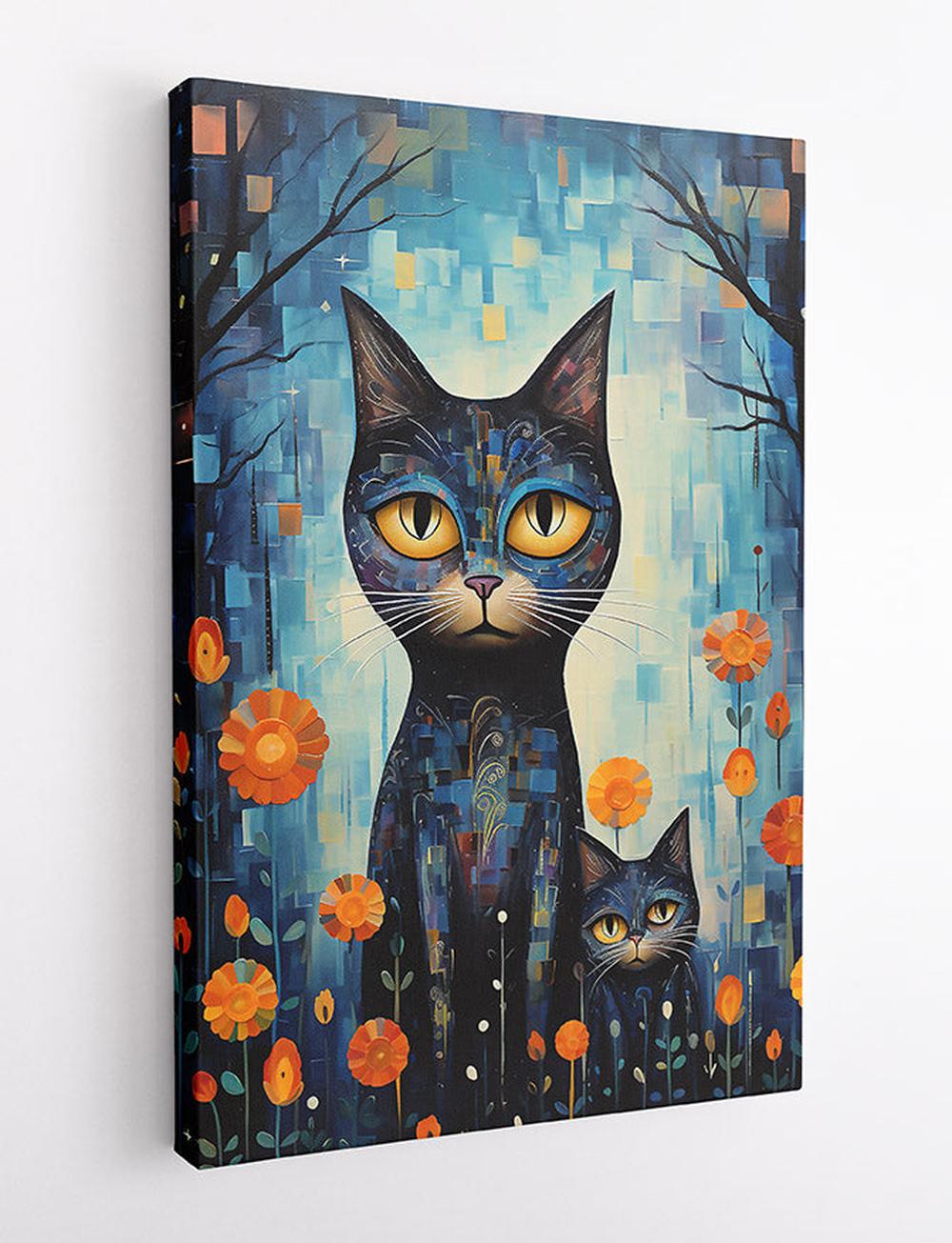 Whimsical Cats with Orange Flowers Abstract Canvas Art & Poster – T707 – AiPrintLab