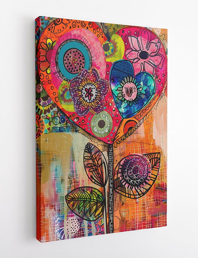 Whimsical Heart Flower – Color Pop Mixed Media Canvas Wall Art – T961 – AiPrintLab