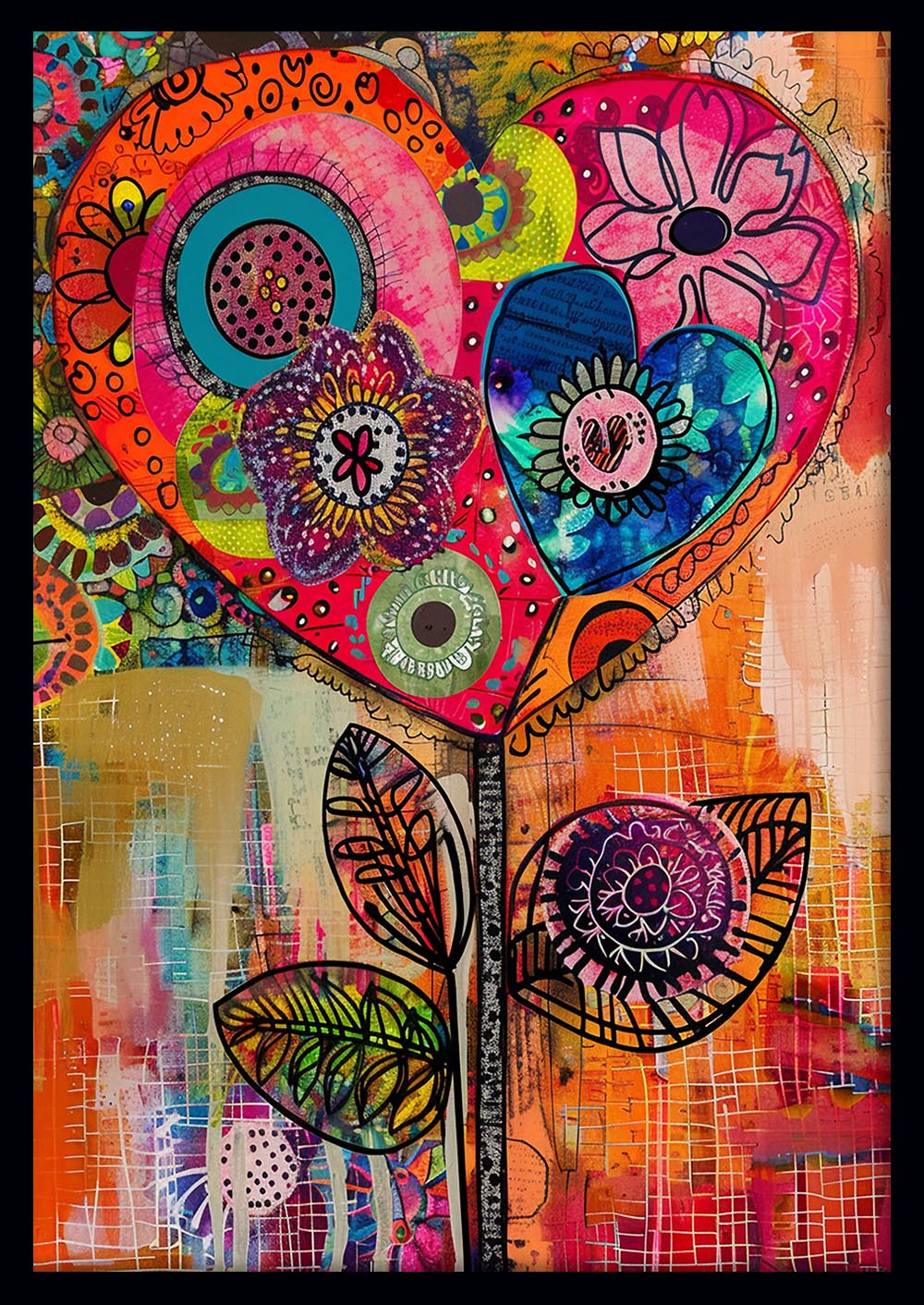 Whimsical Heart Flower – Color Pop Mixed Media Canvas Wall Art – T961 – AiPrintLab